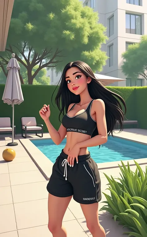 Woman 30 years, long straight black hair, wearing black sports bra with white Victoria’s Secret lower trim name with black sweat shorts and white low socks. At backyard with small square pool with green grass wall in the back and white modern low rise apar...