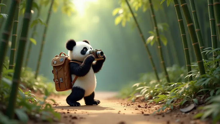 A 3D panda backpacking through an Asian forest trail, carrying a large travel backpack with patches, and snapping photos of bamboo trees with a vintage camera.