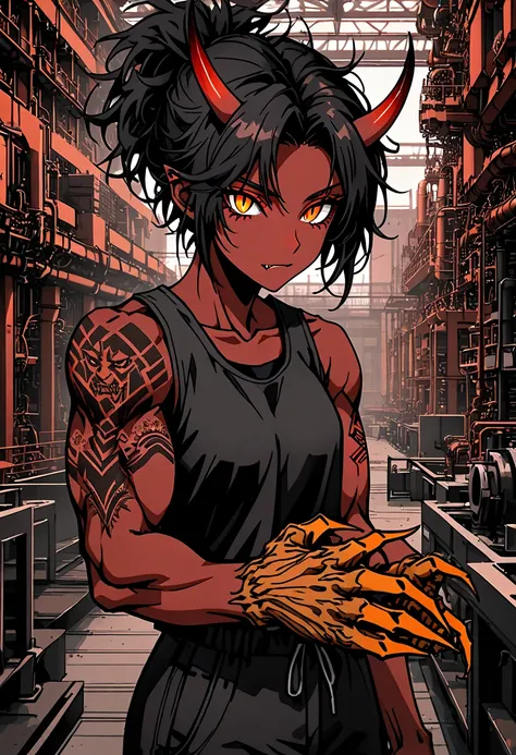 solo, close up, female, tomboy, oni, dark red skin, short horns, orange eyes, slit pupils, short black hair, messy hair, lone fang, clawed hands, stubby skin spikes, tattoo, broad shoulders, stocky build, muscular, black tank top, working clothes, boots:0....