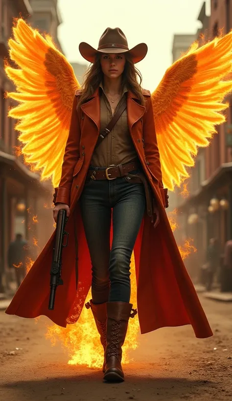 Creates an image of an outdoor woman , dressed in a Western-style costume that includes a coat with golden wings in flames like a phoenix long back,  vest and wide-brimmed hat and cowboy pants and boots the woman is holding a rifle and walking casually in ...