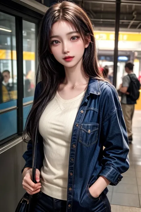 (  Masterpiece :1.3), (  best quality: 1.4), 
 cinematic lighting , 
( 1 girl),  beautiful face, ( realistic face), 
 Beautiful Hairstyles:1.8,
  Real Eyes ,  beautiful detailed eyes from outside the train, 
(  real skin),  beautiful skin , 
( Casual Fashi...