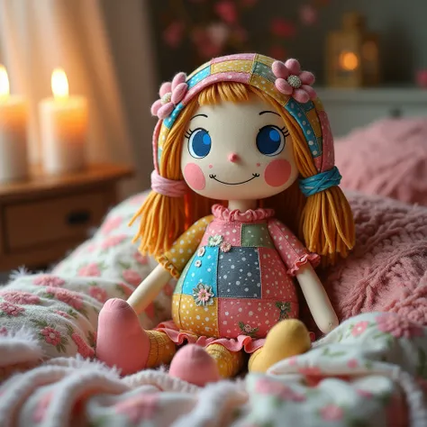 Create a whimsical scene with a beautifully crafted patchwork rag doll, predominantly in vibrant color tones. This plush rag doll has charming embroidered details, big bright blue eyes and a playful expression. Surround the rag doll with soft fabrics, fluf...