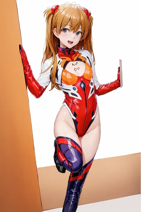 (( best quality)), ((masterpiece)), (be familiar with),  perfect face, indoor, bedroom,  viewer,
One woman,  Soryu Asuka Langley ,
 open mouth,  ecstatic expression with hands in front of body, blush, smile,
 small tits,  flat chested, Young girl, Lori,  s...