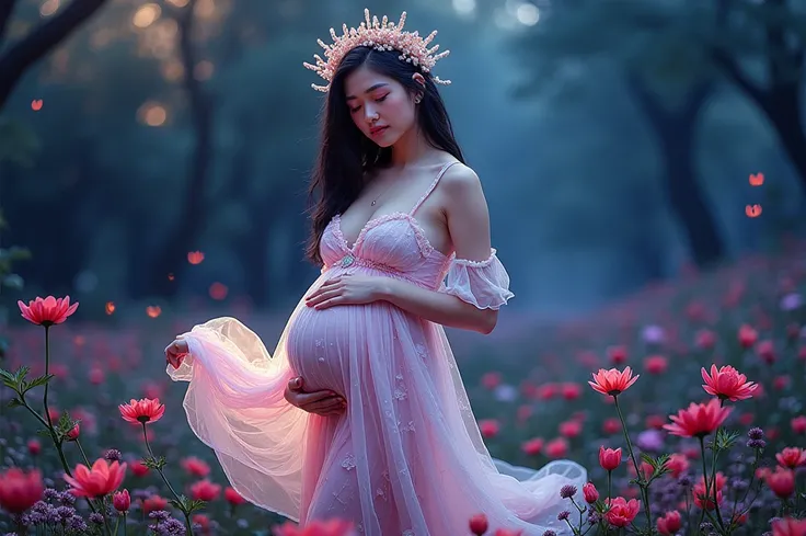 pregnant woman in pink dress standing in a field of flowers, a picture by Arthur Pan, pixabay contest winner, fantasy art, maternal photography 4 k, dressed in a pink dress, wearing pink floral gown, lady with glowing flowers dress, full body portrait shot...