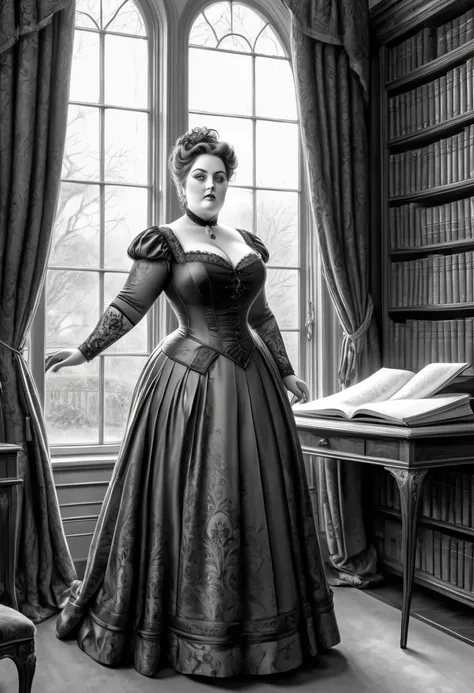 A pencil sketch of a Full body shot of A attractive curvy voluptuous buxom  mature Victorian widow standing near the window in her library, rough pencil sketch