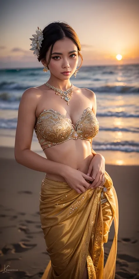 A stunning woman, dressed in vibrant Balinese bridal attire, stands elegantly against a warm sandy beach backdrop. The intricate details of her kebaya and sarong are accentuated by the soft golden light of sunset, while she strikes a pose with confidence, ...