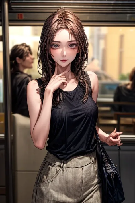 (  Masterpiece :1.3), (  best quality: 1.4), 
 cinematic lighting , 
( 1 girl),  beautiful face, ( realistic face), 
 Beautiful Hairstyles:1.8,
  Real Eyes ,  beautiful detailed eyes from outside the train, 
(  real skin),  beautiful skin , 
( Casual Fashi...