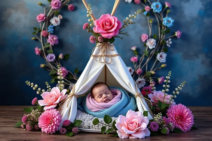 there is a baby in a teepee with flowers and a picture frame, a colorized photo inspired by Anne Geddes, shutterstock contest winner, baroque, wrapped in flowers, covered with flowers, wrapped in cables and flowers, wrapped in flowers and wired, draped in ...