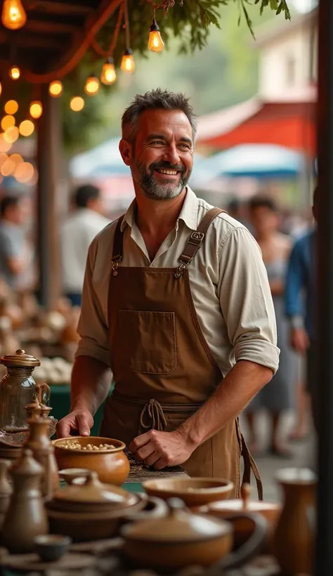 A man with a smile closed his eyes with an apron at the market that sells antique objects and in the back he is blurry.
