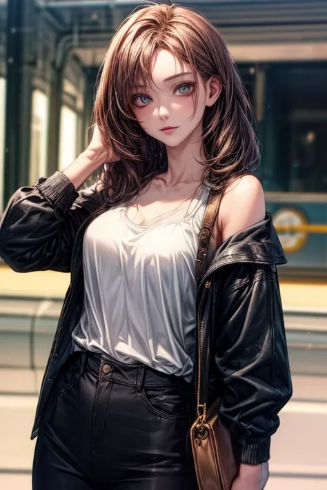 (  Masterpiece :1.3), (  best quality: 1.4), 
 cinematic lighting , 
( 1 girl),  beautiful face, ( realistic face), 
 Beautiful Hairstyles:1.8,
  Real Eyes ,  beautiful detailed eyes from outside the train, 
(  real skin),  beautiful skin , 
( Casual Fashi...