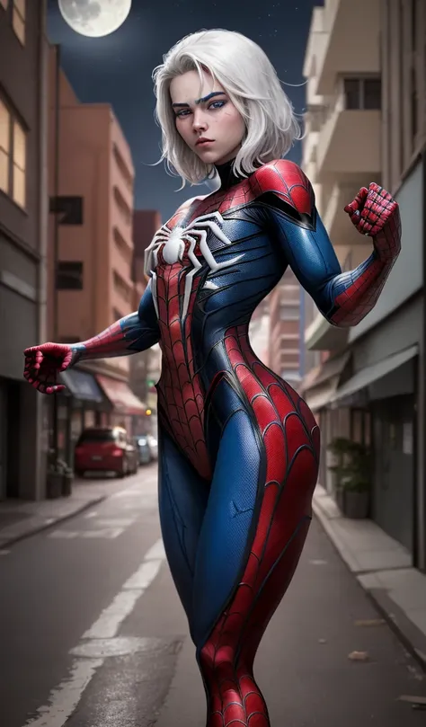 (chef-dœuvre, 4k résolution, Ultraréaliste, Très détaillé), (Thème de super-héros blanc, charismatique, il y a une fille au sommet de la ville, portant le costume de Spider-Man, Cest une super-héroïne), [ ((25 ans), (longs cheveux blancs:1.2), corps entier...