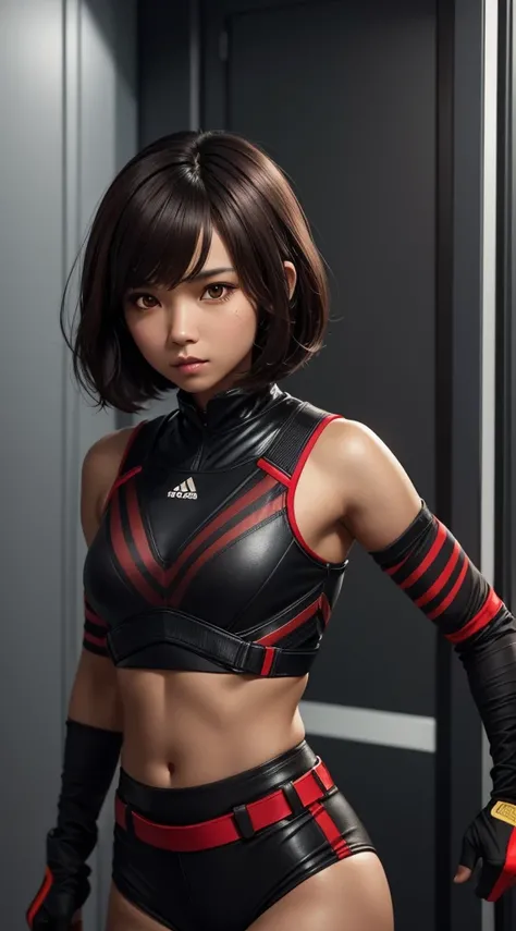 Asian, mocca brown skin, young, girl, petite, longer short, sporty with very dark red ,very wavy hair,with black stripes,  bob cut, golden eyes, hyper realistic, very small breasts, techwear outfit