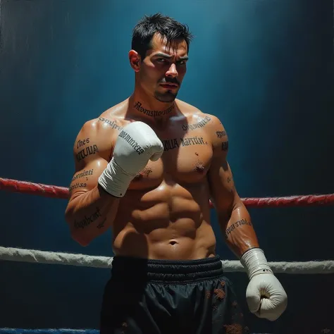  Hyperrealistic oil painting style :  In a boxing ring with a sweaty body ,  tattoos of words in Latin on his neck ,  left arm and pelvis .  opaque blue lighting and he is in a defensive pose.  Attractive and sexy man of about 34 years old , flawless black...