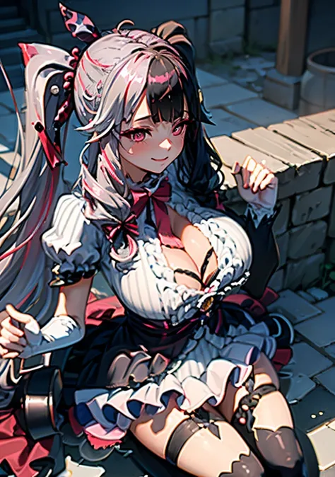 (nsfw)、( pov paizuri fellatio), (gigantic breasts), (serious:1.2), looking at another, 1girl, rena1, 1girl, , red eyes, black hair, elbow gloves, multicolored hair, twintails, white dress, cleavage, ahoge, hair ribbon, mismatched legwear, grey hair, red ha...