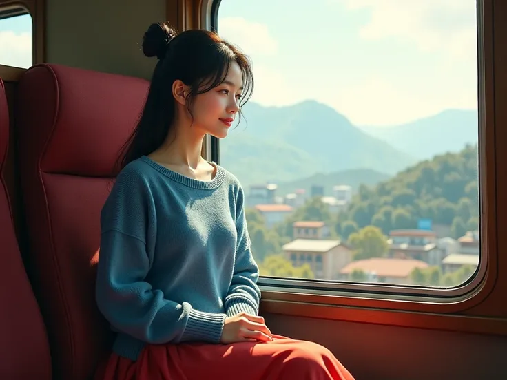 Keqing wearing blue sweater and red long skirt.  She in a train compartment sits by the window, her eyes fixed on the passing scenery. Shes lost in thought, a gentle smile playing on her lips.