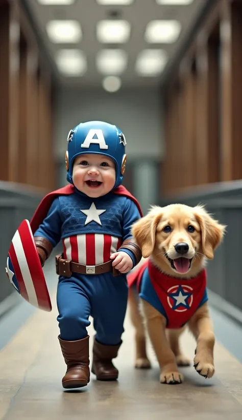 An ultra-realistic baby dressed as Captain America, wearing a tiny blue helmet with an “A” on it, a star-spangled onesie, and holding a miniature shield. The baby struts confidently down a small runway, smiling brightly. Beside them is a loyal pup, “Shield...