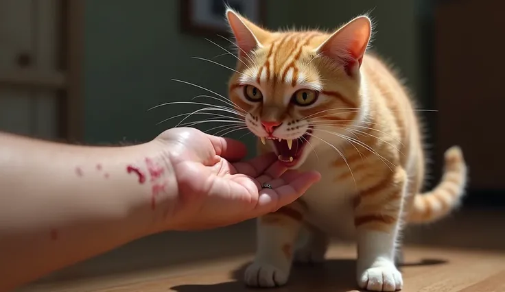  The cat bites the hand , you can see a scar 