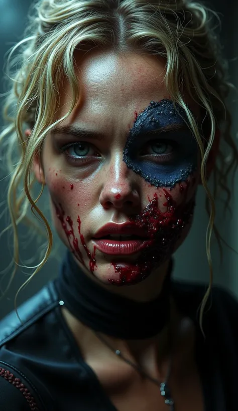 A highly detailed  portrait of Charlize Theron, 21 years old, as Catwoman after a savage beating. Her face is severely injured, with her left cheek grotesquely swollen and discolored in shades of deep blue and purple from a heavy punch. ((Both eyes are sur...