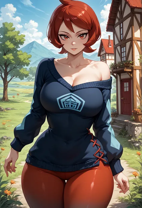 Perfect CG unity 8K UHD wallpaper, Perfect CG unity 8K UHD wallpaper, 1girl, solo, pokemonarezu, red hair, cowlick, short hair, red eyes, large breasts, wide hips, thick thighs, large thighs, collarbone, diamond clan outfit, large sweater, long sweater, lo...