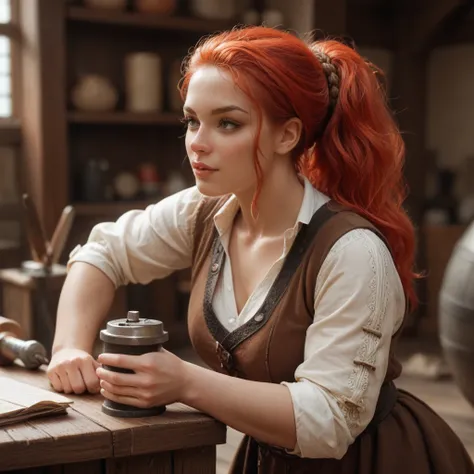 A 25-year-old ,  with red hair and hairstyle inspired by the medieval Viking era, DRESSED IN WHITE,  woman working with nano technology .