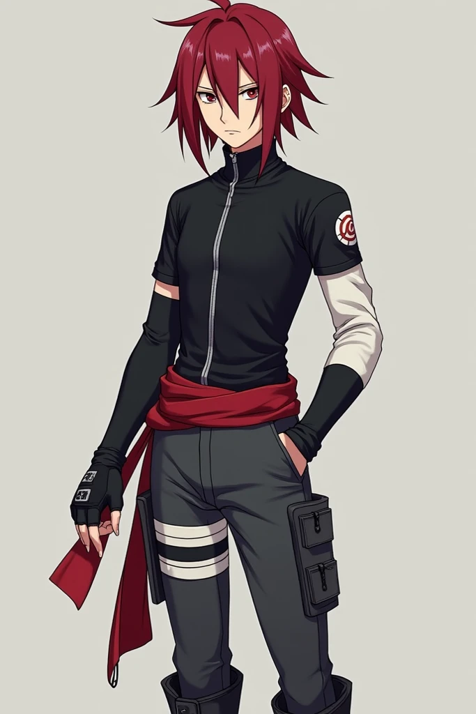  With the features of the anime Naruto create the image of a young man with black eyes, dark red hair,  a black compression shirt with a silver zipper ,  the right arm is white with a black MITTEN , The left arm has a glove ,  around the waist has a red ba...