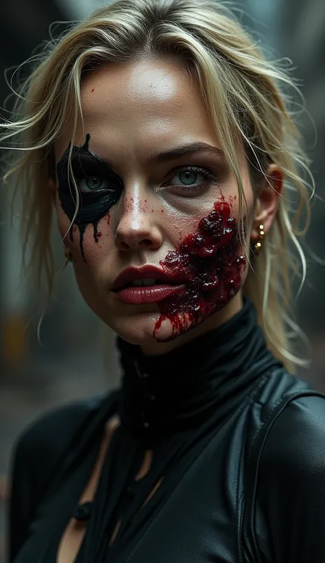 A highly detailed  portrait of Charlize Theron, , as Catwoman after a savage beating. Her face is severely injured, with her left cheek grotesquely swollen and discolored in shades of deep blue and purple from a heavy punch. ((Both eyes are surrounded by d...