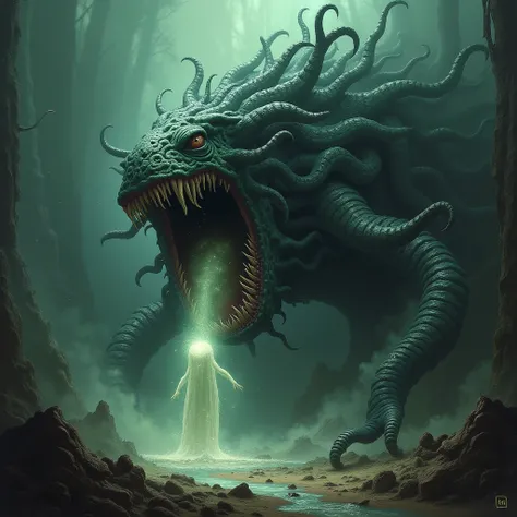 Lovecraft , Inexplicable monstrous creature with many teeth on its body and tentacles,  theme devouring a gaseous being 