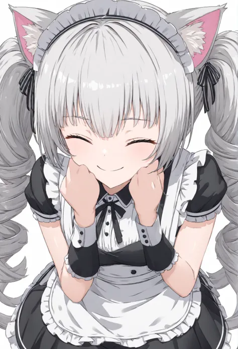 (((Top quality and ultra detailed,Unity 8K))), 1 girl,smile, Close Your Eyes ,, shiny hair,(((Double Headed Drill :1.3))), Silver Hair,(Cat ears classic maid), maid cafe ,