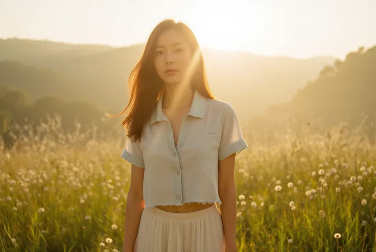 portrait of a thai women 28years old, vintage film 35mm, retro shirt, casual chiffon maxi skirt, long hair, ray, lensflare, rim light, outdoor, dandelions, Flower Grass, Wildflower, summer sunset atmosphere, haze, vapour, fog,