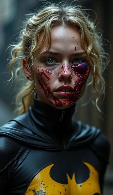 A highly detailed and emotional portrait of Charlize Theron, 19 years old, as Batgirl after a savage beating. Her face is severely injured, with her left cheek grotesquely swollen and discolored in shades of deep blue and purple from a heavy punch. Both ey...