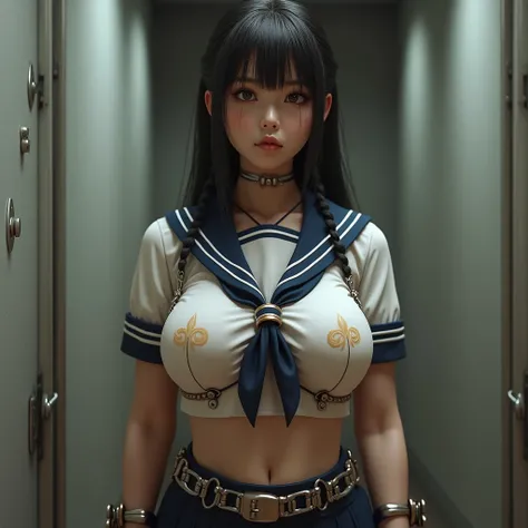 Extremely busty KAWAII Oppai-Loli  gag  Sailor uniform Shackles Yoke . HDR Live-Action (XLabs F.1 Realism LoRA V1) Super-Detailed Textures