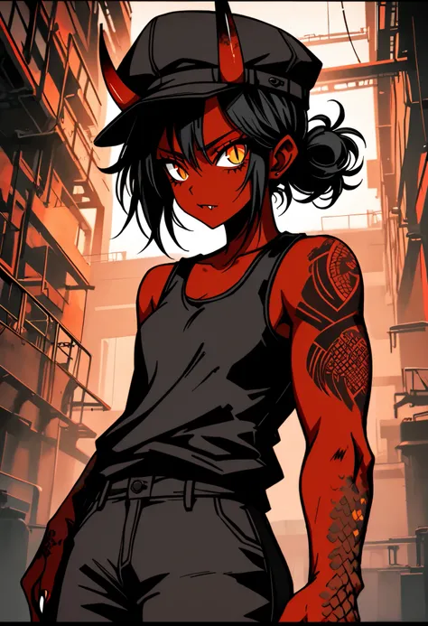 solo, close up, female, tomboy, oni, dark red skin, short horns, orange eyes, slit pupils, short black hair, messy hair, lone fang, large hands:0.3, claw nails, short arm scales, tattoo, broad shoulders:1.4, stocky build, muscular, black tank top, working ...