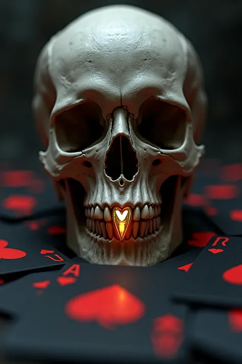 Create an image of a skull with a gold tooth with surrounding playing cards with the colors black and red 