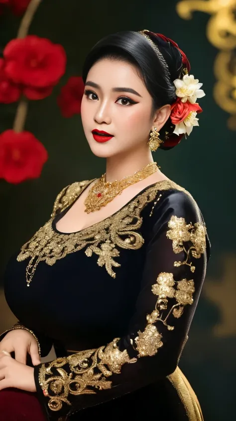 photography, woman,  portrait of java wedding woman in black long kebaya dress traditional, red lipstick, golden necklace, earrings, ornate, detail, flowers, blurry background, soft focus , big breast, 2/3 bodys, slightly side standing pose, wide view 