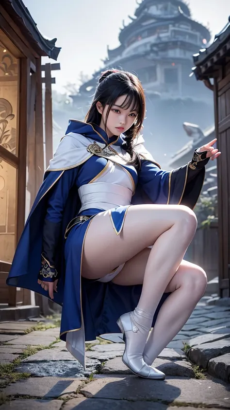 climbing a temple wall South korea ninja women mystery hooded on with modern royal Blue coat with long and wide sleeves with buttons and royal Blue cape and very high white heel over the knee and white gloves, As she reveals a small secret hidden blade com...