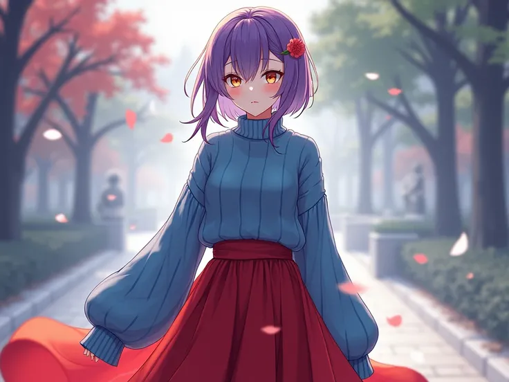 Keqing wearing blue sweater and red long skirt. 