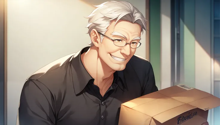 (masterpiece:1.3), (best quality:1.3), (very detailed), (anime style:0.1), game cg, anime coloring, ((Alone)),forehead, parted bangs, (1 man), male in his 40s , old man, Holding a cardboard box, black polo shirt,japanese, smile,