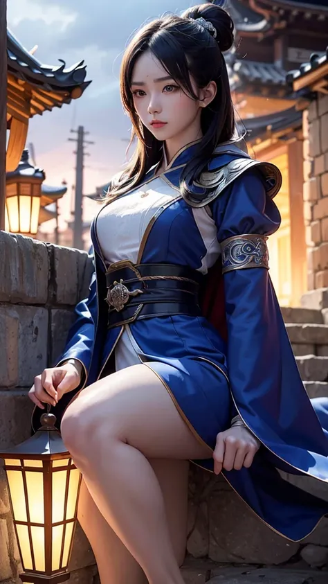 climbing a temple wall South korea ninja women mystery hooded on with modern royal Blue coat with long and wide sleeves with buttons and royal Blue cape and very high white heel over the knee and white gloves, As she reveals a small secret hidden blade com...