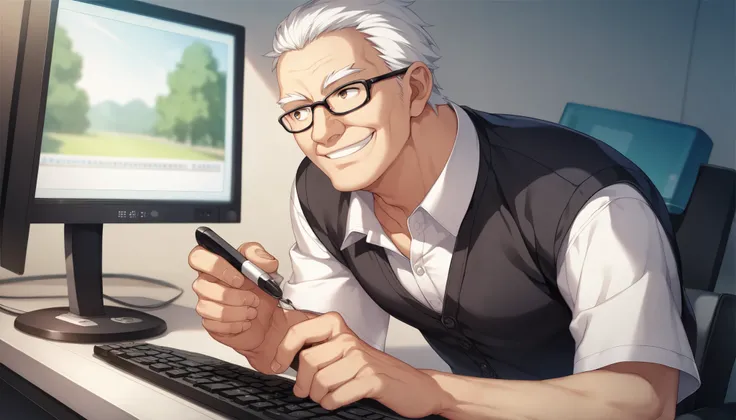 (masterpiece:1.3), (best quality:1.3), (very detailed), (anime style:0.1), game cg, anime coloring, ((Alone)),forehead, parted bangs, (1 man), male in his 40s , old man, smile,View the monitor,Typing on keyboard,, black polo shirt,japanese,looking away