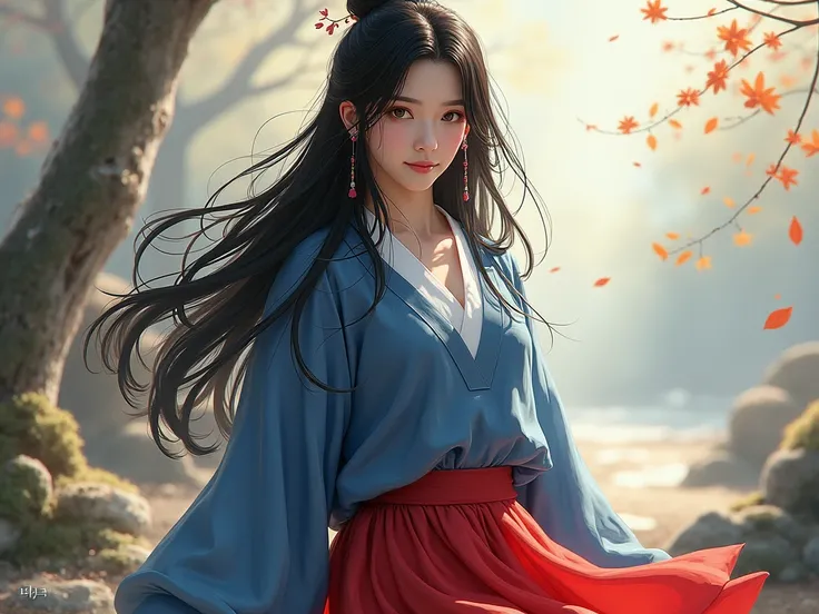 Keqing who has long hair wearing blue sweater and red long skirt. 