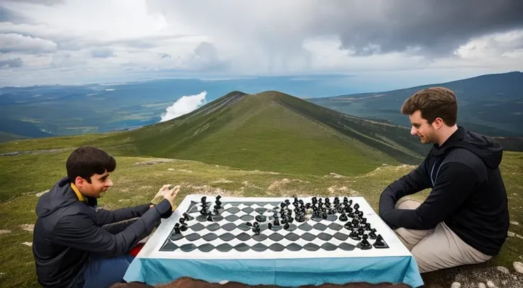 two bros playing chess on a mountain, during a thunderstom, on top of a volcano.