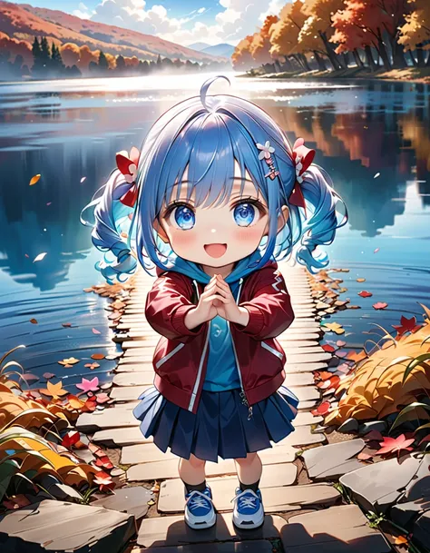 ((Run energetically on the shores of a large lake in autumn:1.5))、((whole body, from behind:1.5、back view:1.5、I can see your back)),　((Looking into the distance:1.5)、((Chibiガール:1.5、Chibi:1.5))、 best quality、 high definition 、 detailed background、 beautiful...