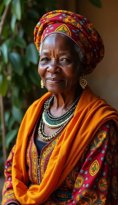 Very beautiful African grandmother aged 60 who is wearing an African outfit