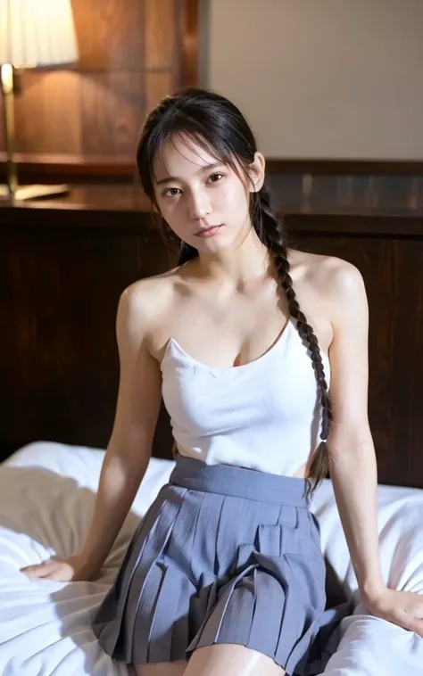 Skin color,     medium chest ,    Natural figure  ,    wet hair    ,((  bare skin without makeup  )), ((    2 super long braids     :1.2)),  Very detailed nose  、Laugh a little , (8k,     RAW photos ,   最高品質の  Masterpiece   : 1.2),   Masterpiece ,   super ...