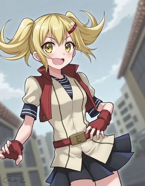 #KEI UOMI, OIKATZO, BLONDE HAIR, HAIR ORNAMENT, TWINTAILS, (YELLOW EYES:1.3), HAIRCLIP, SHORT TWINTAILS,
GLOVES, BELT, FINGERLESS GLOVES, RED GLOVES, SKIRT