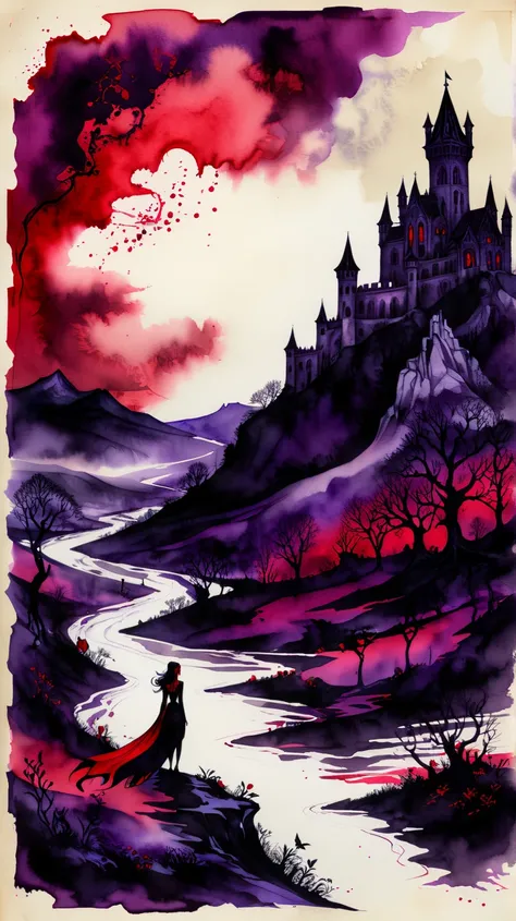 Ink and watercolour illustration on parchment. In a bleak, fantasy landscape, with panther, (a mysterious (female(vampire))). red and purple and black. gothic aesthetic. seductive.