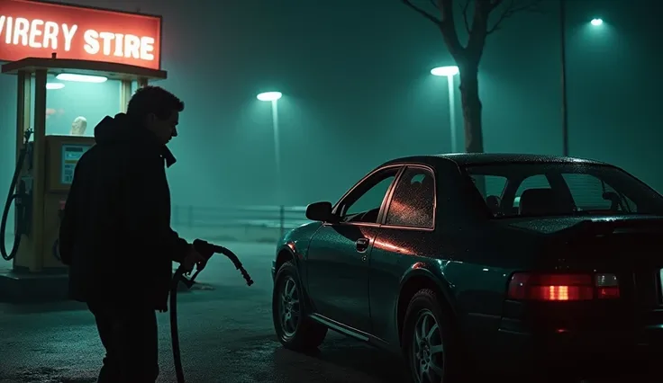 A hyper-realistic and haunting depiction of a black car parked at a desolate gas station at night, viewed from the outside. The car is sleek but ominous, its dark surface reflecting the dim, flickering light of the station’s neon sign. The focus is on the ...