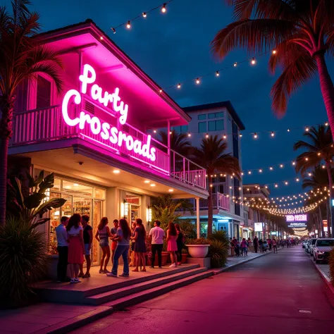 This image showcases a bustling, vibrant street scene at night, with a focus on a lively house party in progress. The street is lined with tropical plants and palm trees, creating an inviting and exotic atmosphere. In the center of the image, a large neon ...