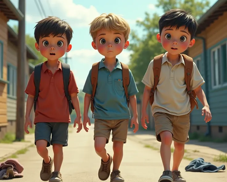 3 boys, no pants, butt cheeks, shirt only, no underwear, bottomless, walking to school, bag on back, pants on floor