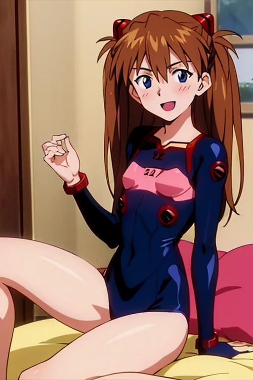 (( best quality)), ((masterpiece)), (be familiar with),  perfect face, indoor, bedroom,  viewer,
One woman,  Soryu Asuka Langley ,
 open mouth,  ecstatic expression with hands in front of body, blush, smile,
 small tits,  flat chested, Young girl, Lori,  s...